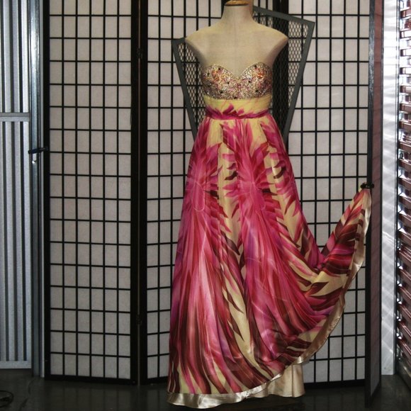 Statement Gown with Floral Print and Jeweled Bodice - Picture 1 of 8